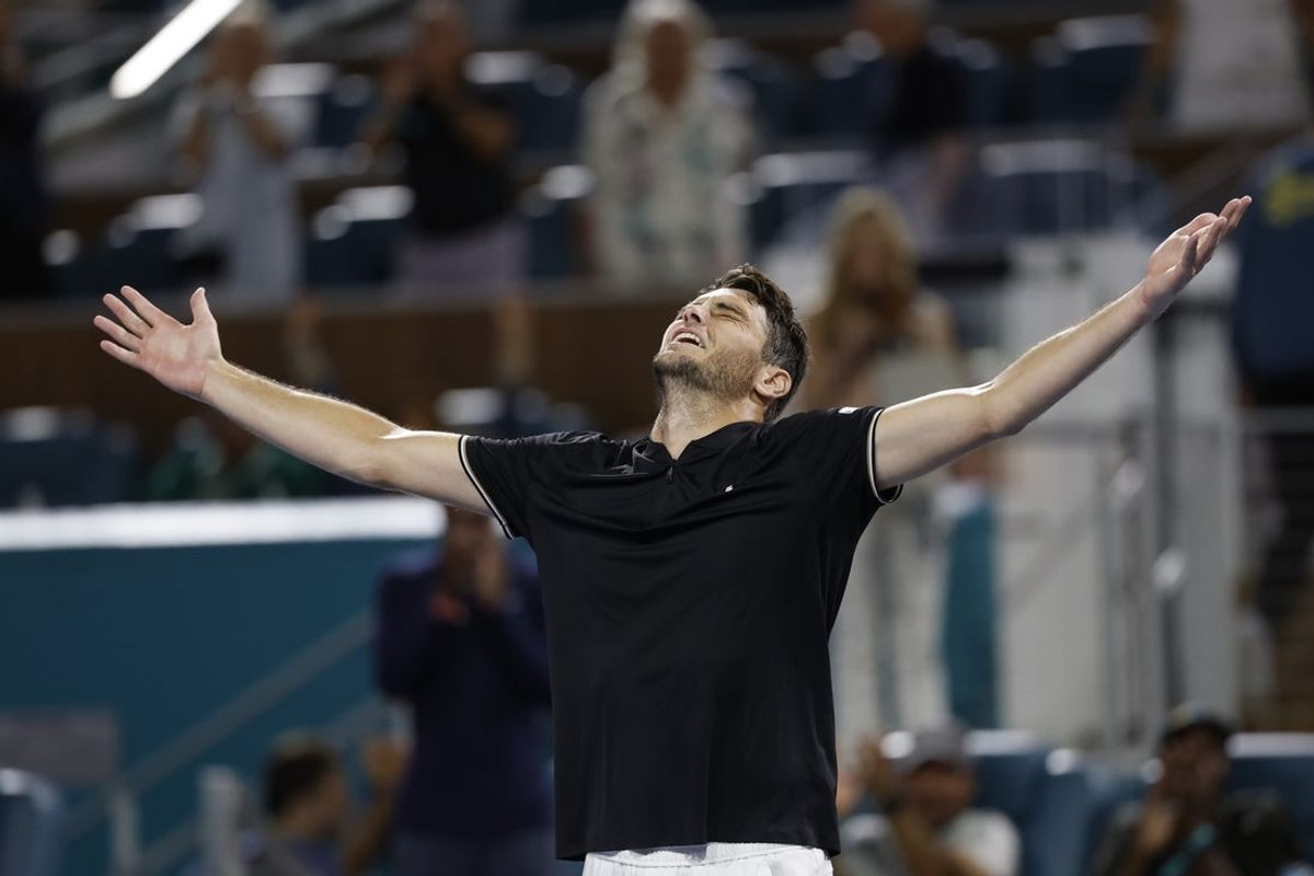 Mar 27, 2025; Miami, FL, USA; Taylor Fritz (USA) celebrates after his match against Matteo Berrettini (ITA)(not pictured) in a men's singles quarterfinal on day ten of the Miami Open at Hard Rock Stadium. Mandatory Credit: Geoff Burke-Imagn Images