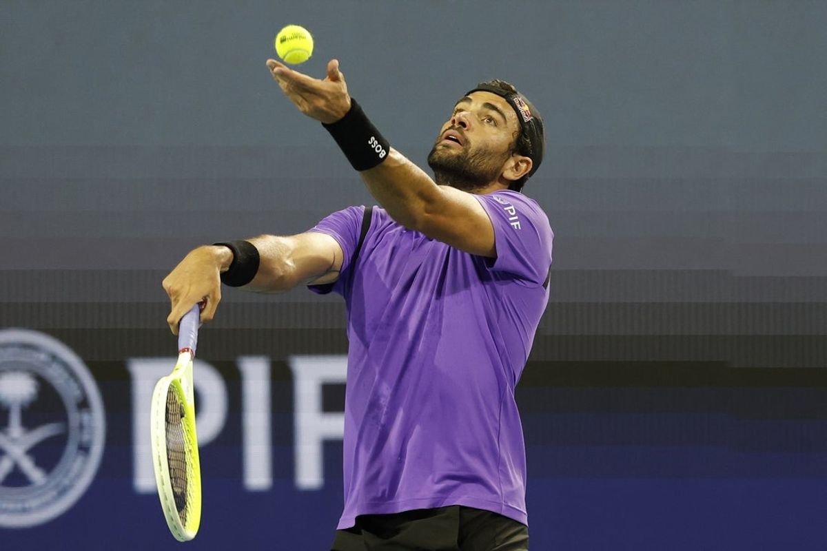 Mar 27, 2025; Miami, FL, USA; Matteo Berrettini (ITA) serves against Taylor Fritz (USA)(not pictured) in a men's singles quarterfinal on day ten of the Miami Open at Hard Rock Stadium. Mandatory Credit: Geoff Burke-Imagn Images