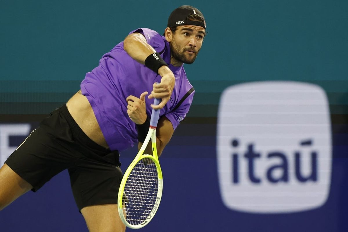 Mar 27, 2025; Miami, FL, USA; Matteo Berrettini (ITA) serves against Taylor Fritz (USA)(not pictured) in a men's singles quarterfinal on day ten of the Miami Open at Hard Rock Stadium. Mandatory Credit: Geoff Burke-Imagn Images
