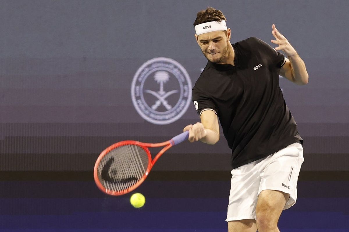 Mar 27, 2025; Miami, FL, USA; Taylor Fritz (USA) hits a forehand against Matteo Berrettini (ITA)(not pictured) in a men's singles quarterfinal on day ten of the Miami Open at Hard Rock Stadium. Mandatory Credit: Geoff Burke-Imagn Images