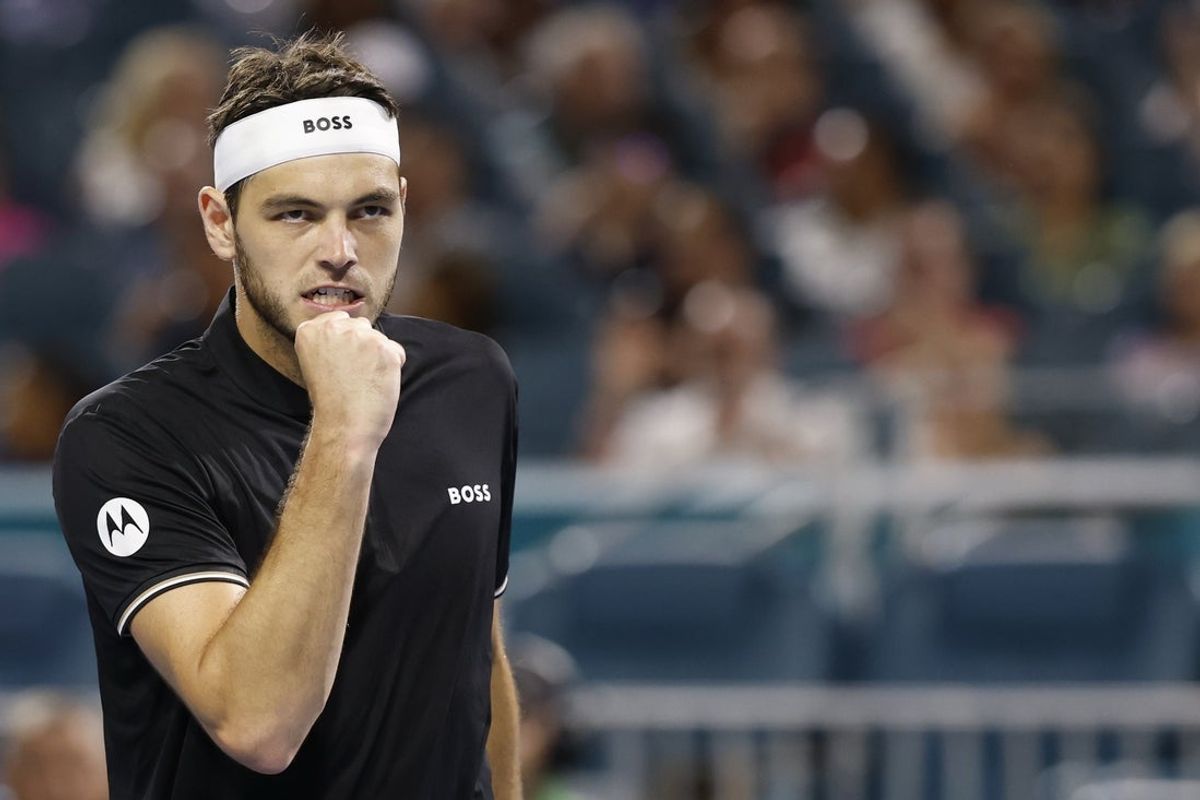Mar 27, 2025; Miami, FL, USA; Taylor Fritz (USA) reacts after winning a point against Matteo Berrettini (ITA)(not pictured) in a men's singles quarterfinal on day ten of the Miami Open at Hard Rock Stadium. Mandatory Credit: Geoff Burke-Imagn Images