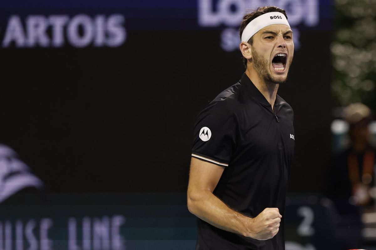 Mar 27, 2025; Miami, FL, USA; Taylor Fritz (USA) reacts after breaking serve against Matteo Berrettini (ITA)(not pictured) in a men's singles quarterfinal on day ten of the Miami Open at Hard Rock Stadium. Mandatory Credit: Geoff Burke-Imagn Images