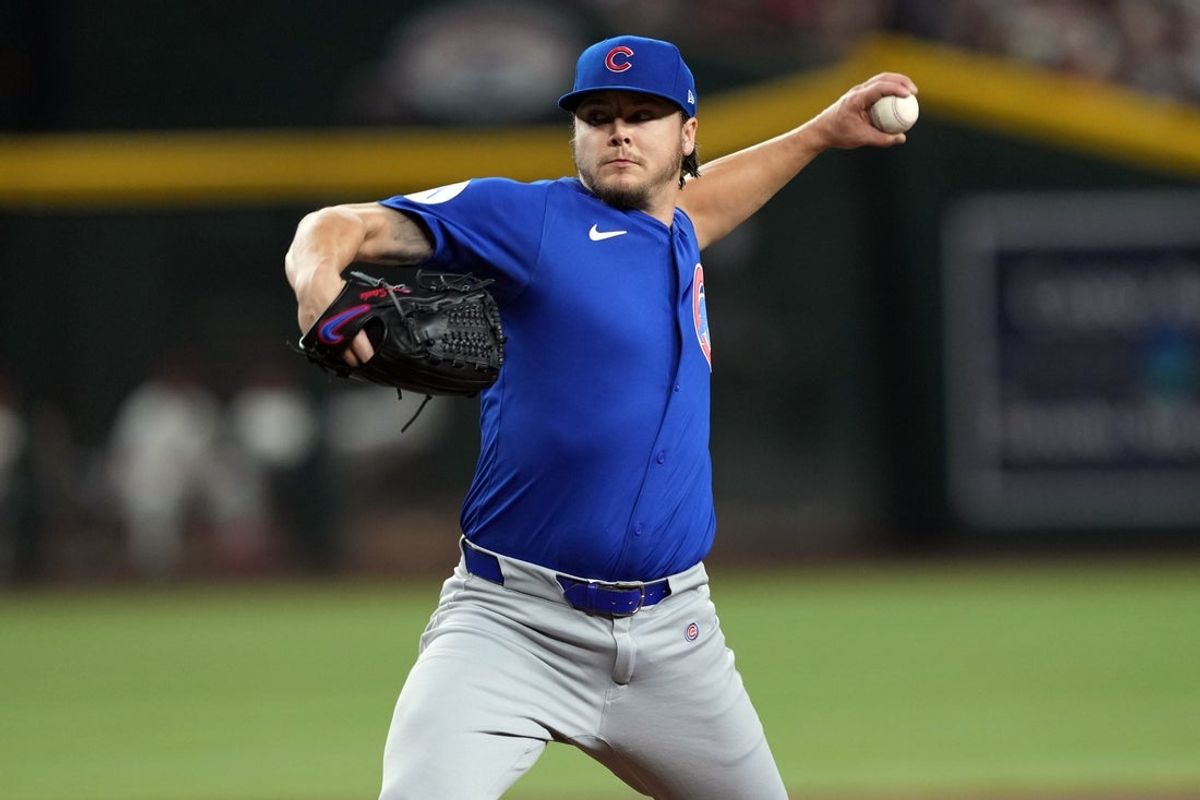 Mar 27, 2025; Phoenix, Arizona, USA; Chicago Cubs pitcher Justin Steele (35) pitches against the Arizona Diamondbacks during the first inning at Chase Field. Mandatory Credit: Joe Camporeale-Imagn Images