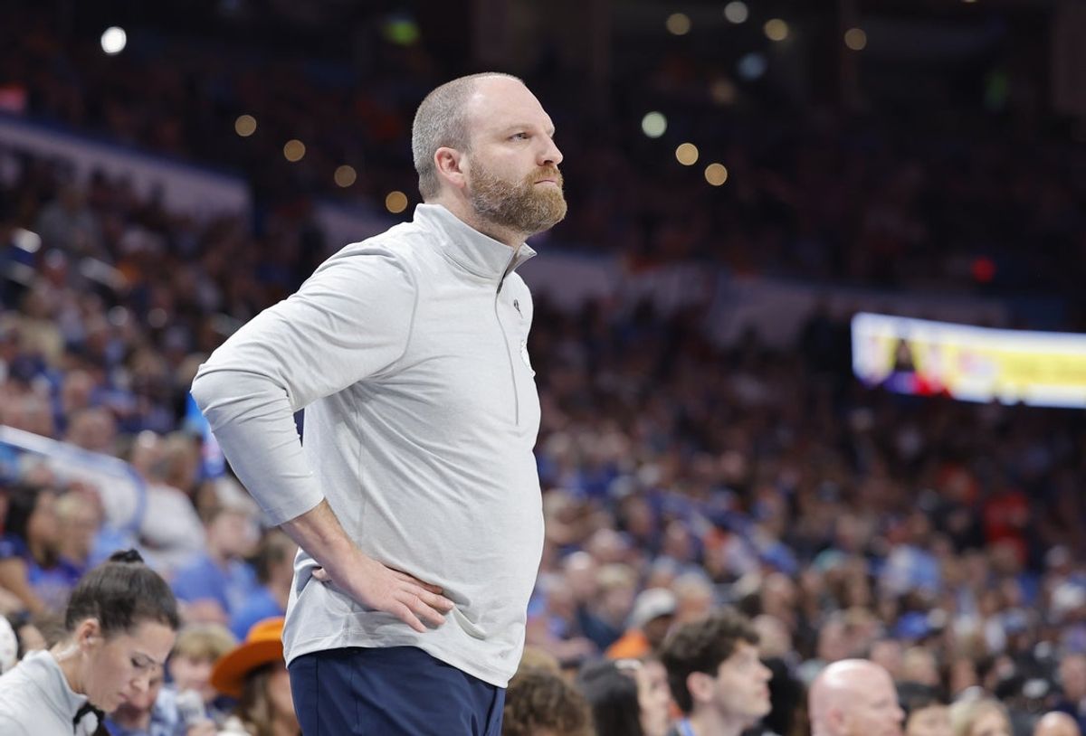 Mar 27, 2025; Oklahoma City, Oklahoma, USA; Memphis Grizzlies head coach Taylor Jenkins watches his team play against the Oklahoma City Thunder during the second half at Paycom Center. Mandatory Credit: Alonzo Adams-Imagn Images