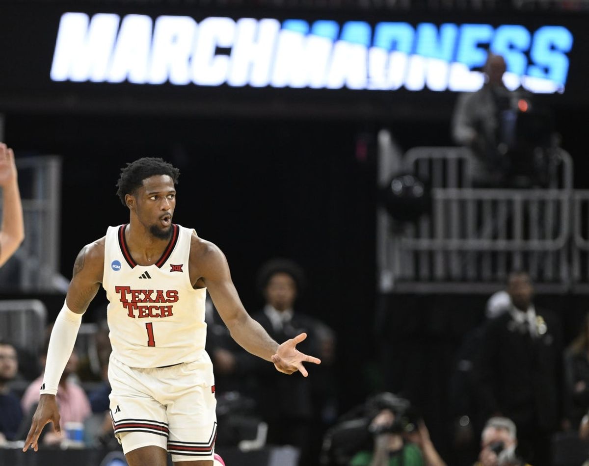 Mar 27, 2025; San Francisco, CA, USA; Texas Tech Red Raiders guard Kevin Overton (1) runs downcourt during the first half against the Arkansas Razorbacks during a West Regional semifinal of the 2025 NCAA tournament at Chase Center. Mandatory Credit: Eakin Howard-Imagn Images