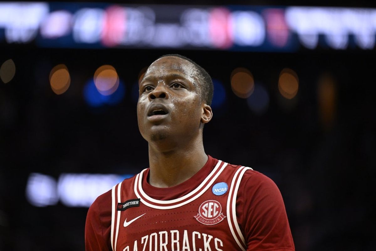 Mar 27, 2025; San Francisco, CA, USA; Arkansas Razorbacks guard Johnell Davis (1) reacts during the second half against the Texas Tech Red Raiders during a West Regional semifinal of the 2025 NCAA tournament at Chase Center. Mandatory Credit: Eakin Howard-Imagn Images