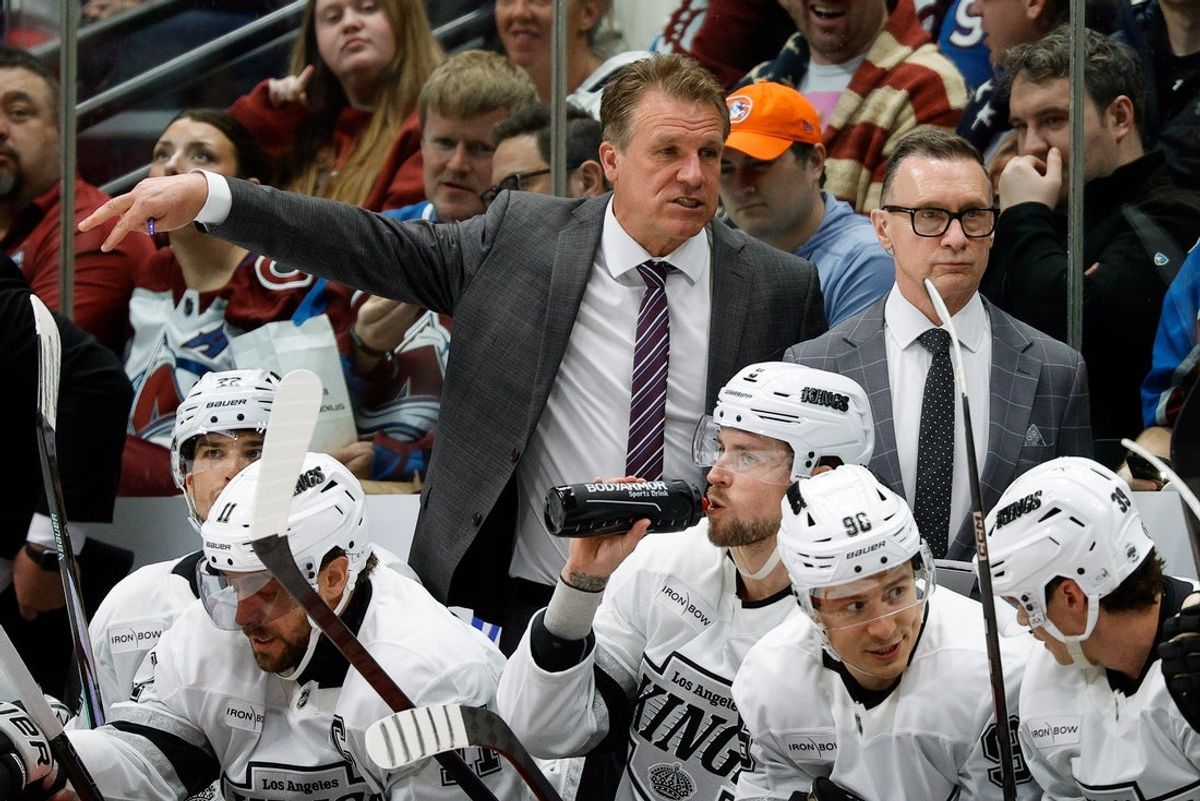 Mar 27, 2025; Denver, Colorado, USA; Los Angeles Kings head coach Jim Hiller in the first period against the Los Angeles Kings at Ball Arena. Mandatory Credit: Isaiah J. Downing-Imagn Images