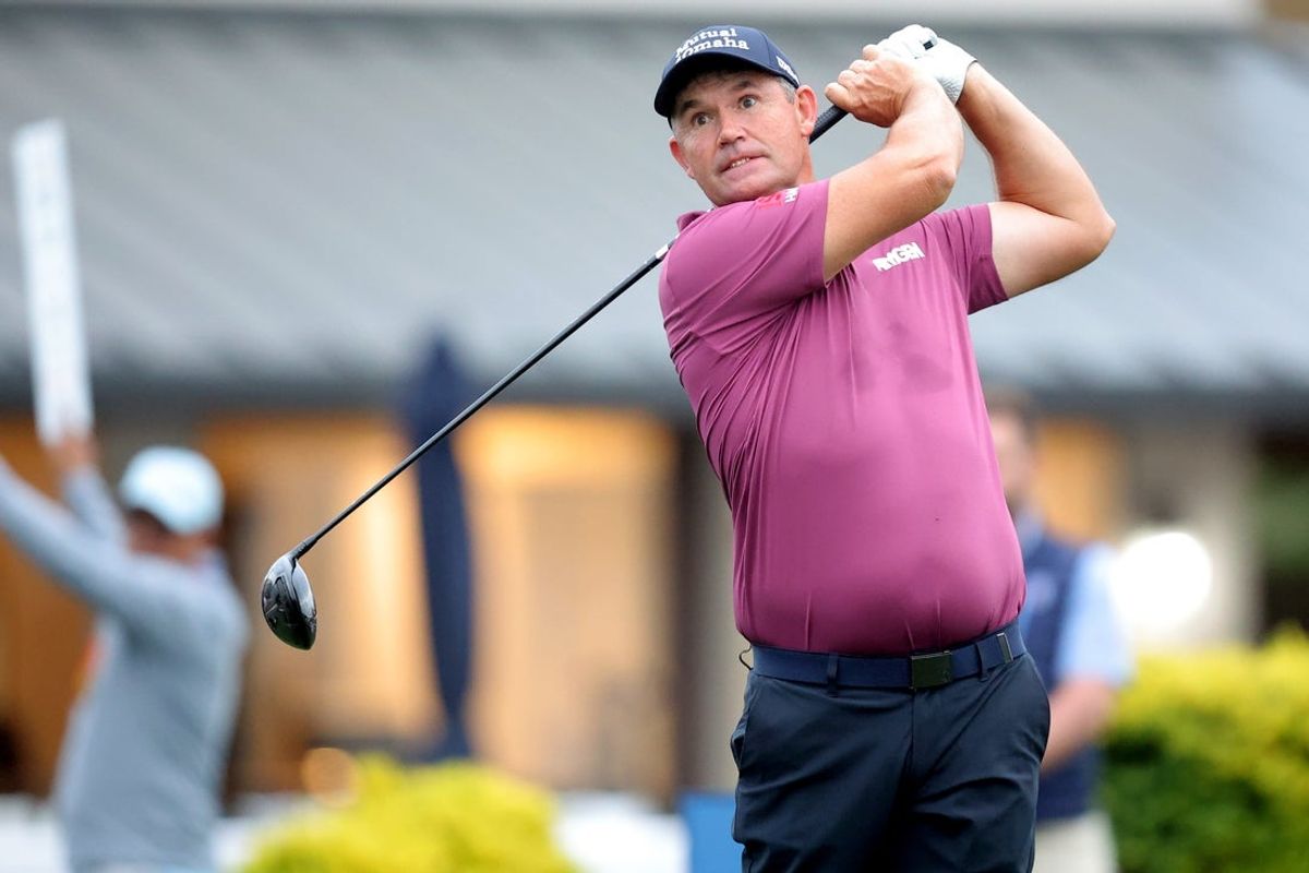 Mar 28, 2025; Houston, Texas, USA; Padraig Harrington of Ireland hits a tee shot at the 10th hole during the second round of the Texas Children's Houston Open golf tournament. Mandatory Credit: Erik Williams-Imagn Images