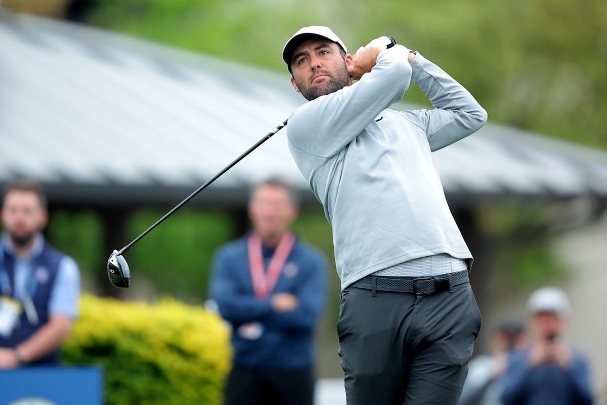 Mar 28, 2025; Houston, Texas, USA; Scottie Scheffler hits a tee shot at the 10th hole during the second round of the Texas Children's Houston Open golf tournament. Mandatory Credit: Erik Williams-Imagn Images