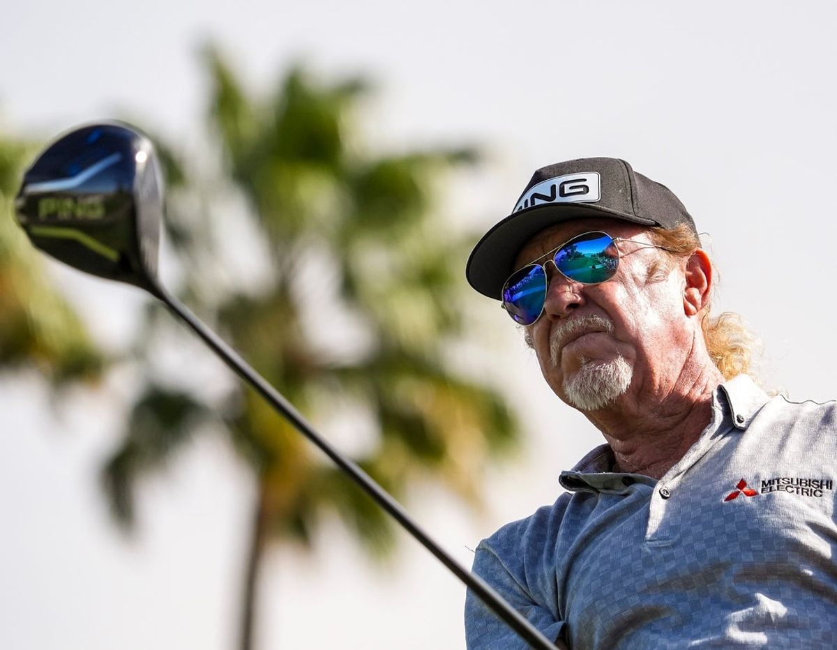 Miguel Angel Jimenez tees off on No. 1 during the first round of The Galleri Classic at Mission Hills Country Club in Rancho Mirage, Calif., Friday, March 28, 2025.