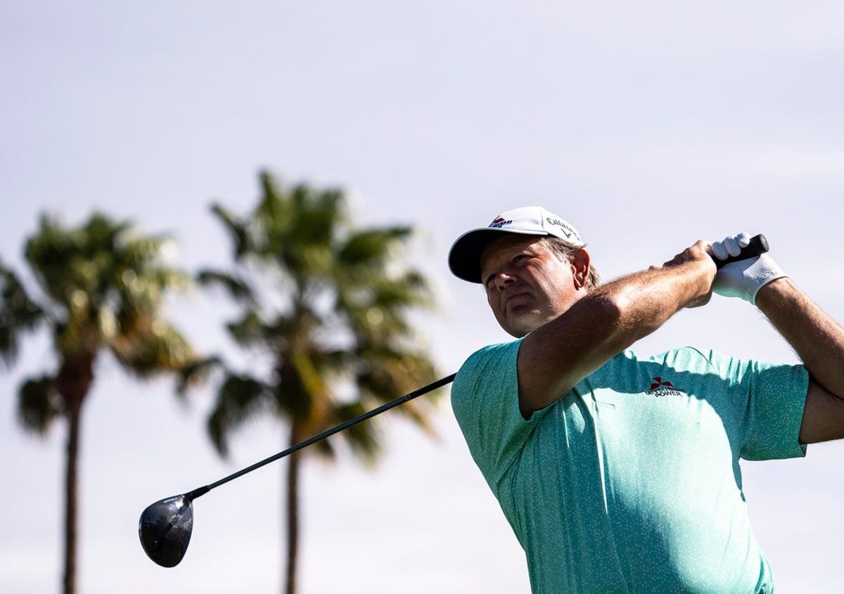 Retief Goosen tees off on one for the first round of The Galleri Classic at Mission Hills Country Club in Rancho Mirage, Calif., Friday, March 28, 2025.