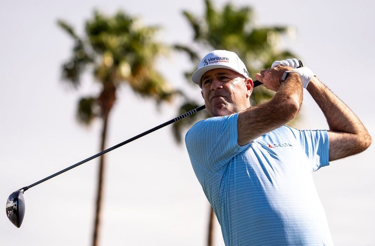 Stewart Cink hits his driver on the first tee during the first round of The Galleri Classic at Mission Hills Country Club in Rancho Mirage, Calif., Friday, March 28, 2025.