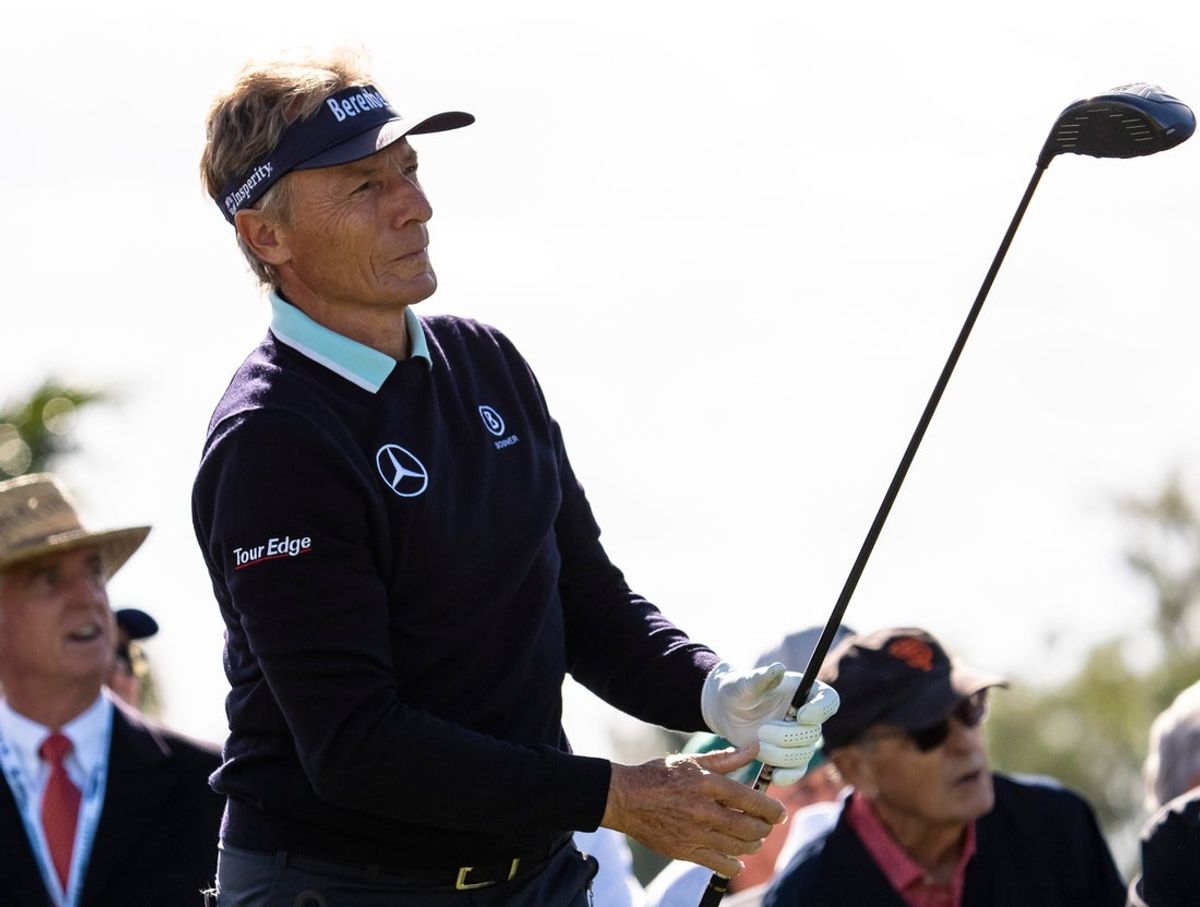 Bernhard Langer watches his first tee shot during the first round of The Galleri Classic at Mission Hills Country Club in Rancho Mirage, Calif., Friday, March 28, 2025.