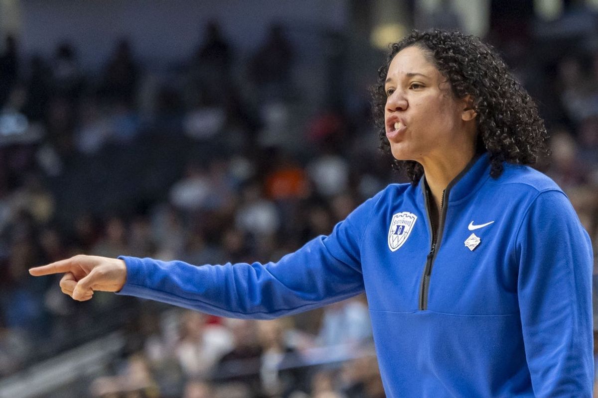 Mar 28, 2025; Birmingham, AL, USA; Duke Blue Devils head coach Kara Lawson coaches her team during the Sweet 16 NCAA Tournament basketball game against the North Carolina Tar Heels at Legacy Arena. Mandatory Credit: Vasha Hunt-Imagn Images