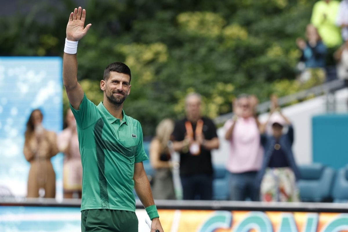 Mar 28, 2025; Miami, FL, USA; Novak Djokovic (SRB) celebrates after his match against Grigor Dmitrov (BUL)(not pictured) in a men's singles semifinal on day eleven of the Miami Open at Hard Rock Stadium. Mandatory Credit: Geoff Burke-Imagn Images