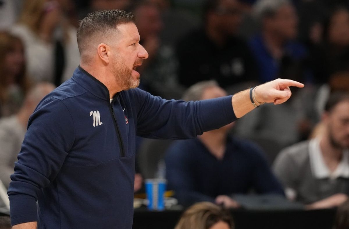 Mar 28, 2025; Atlanta, GA, USA; Mississippi Rebels head coach Chris Beard in the first half of a South Regional semifinal of the 2025 NCAA tournament against the Michigan State Spartans at State Farm Arena. Mandatory Credit: Dale Zanine-Imagn Images