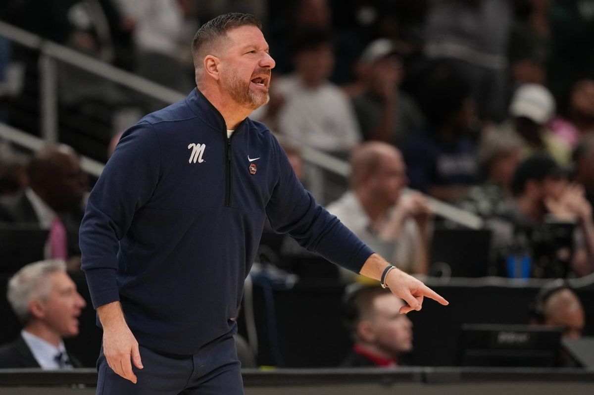 Mar 28, 2025; Atlanta, GA, USA; Mississippi Rebels head coach Chris Beard in the first half of a South Regional semifinal of the 2025 NCAA tournament against the Michigan State Spartans at State Farm Arena. Mandatory Credit: Dale Zanine-Imagn Images