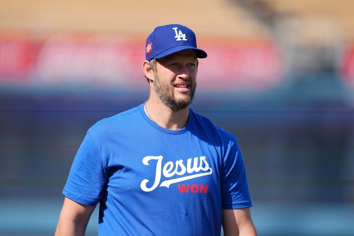 Mar 28, 2025; Los Angeles, California, USA; Los Angeles Dodgers pitcher Clayton Kershaw before the game against the Detroit Tigers at Dodger Stadium. Mandatory Credit: Kirby Lee-Imagn Images