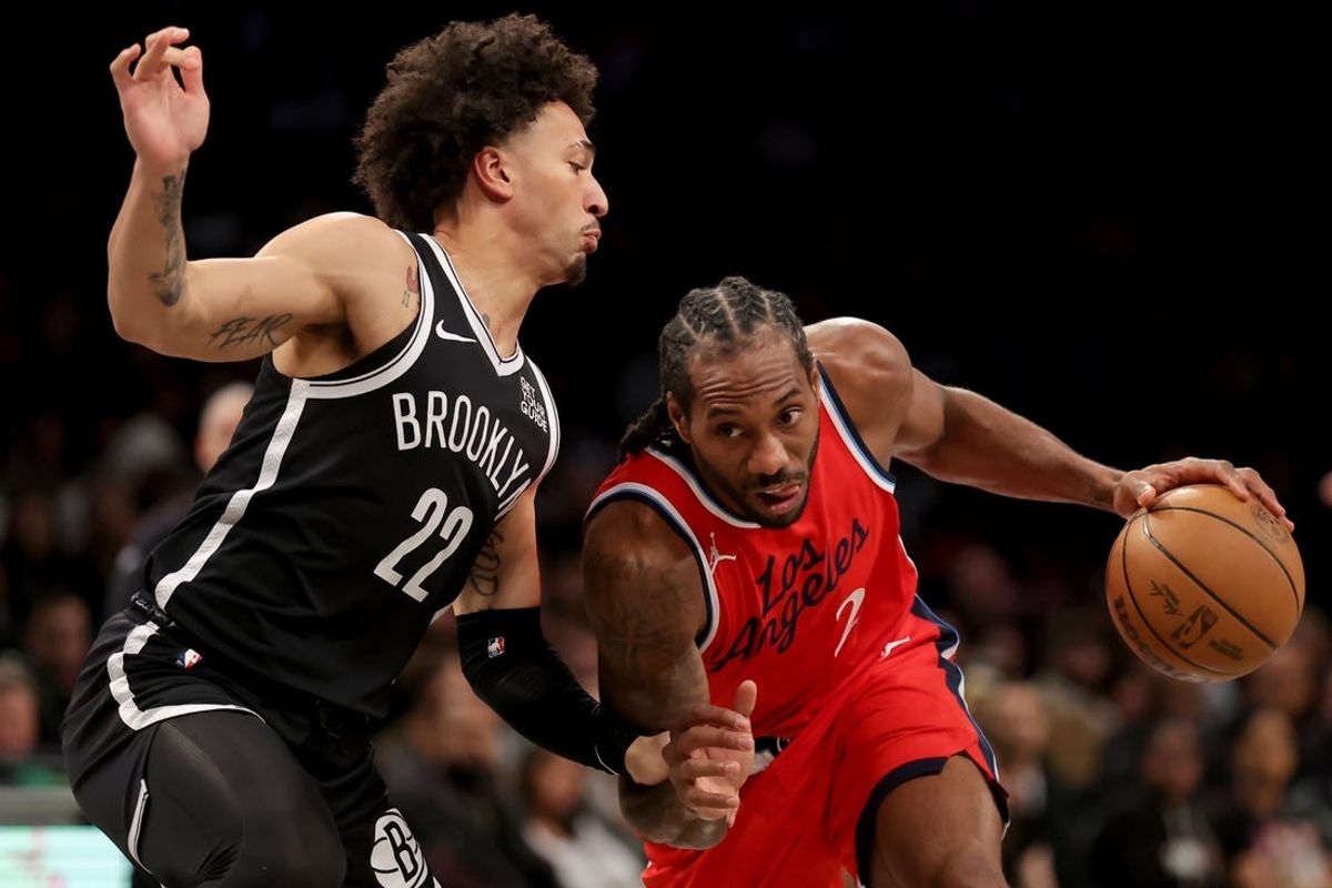 Mar 28, 2025; Brooklyn, New York, USA; Los Angeles Clippers forward Kawhi Leonard (2) drives to the basket against Brooklyn Nets forward Jalen Wilson (22) during the first quarter at Barclays Center. Mandatory Credit: Brad Penner-Imagn Images