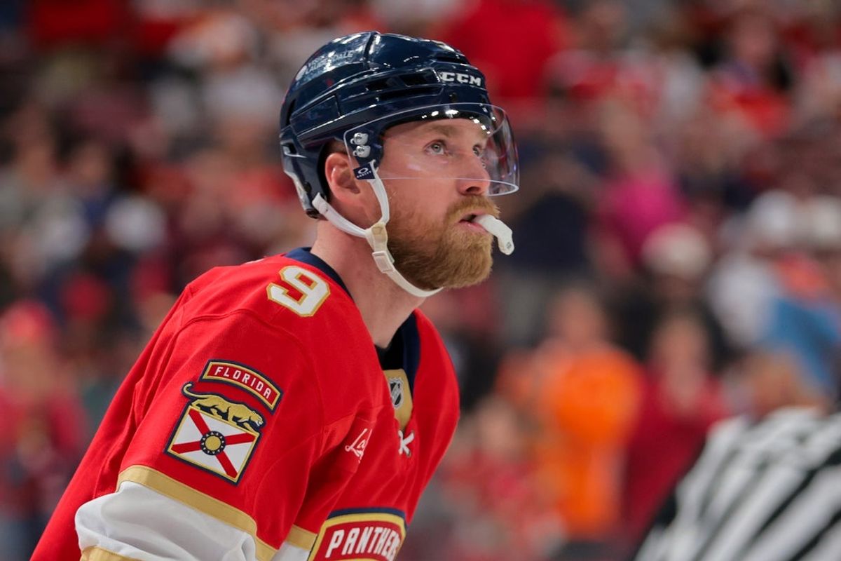 Mar 28, 2025; Sunrise, Florida, USA; Florida Panthers center Sam Bennett (9) looks on after scoring against the Utah Hockey Club during the second period at Amerant Bank Arena. Mandatory Credit: Sam Navarro-Imagn Images