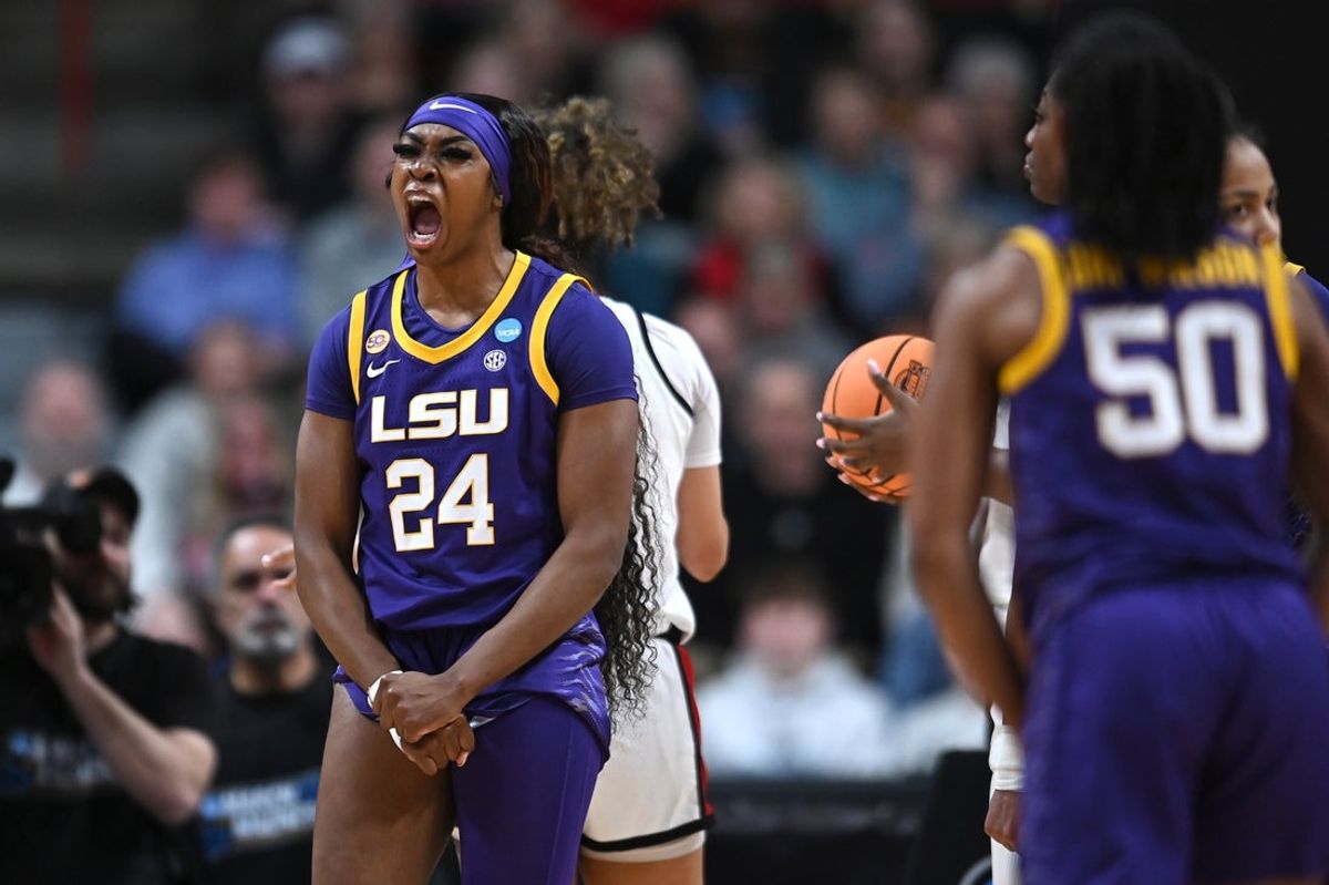 Mar 28, 2025; Spokane, WA, USA; LSU Lady Tigers forward Aneesah Morrow (24) reacts after a play against the NC State Wolfpack during the second half of a Sweet 16 NCAA Tournament basketball game at Spokane Arena. Mandatory Credit: James Snook-Imagn Images