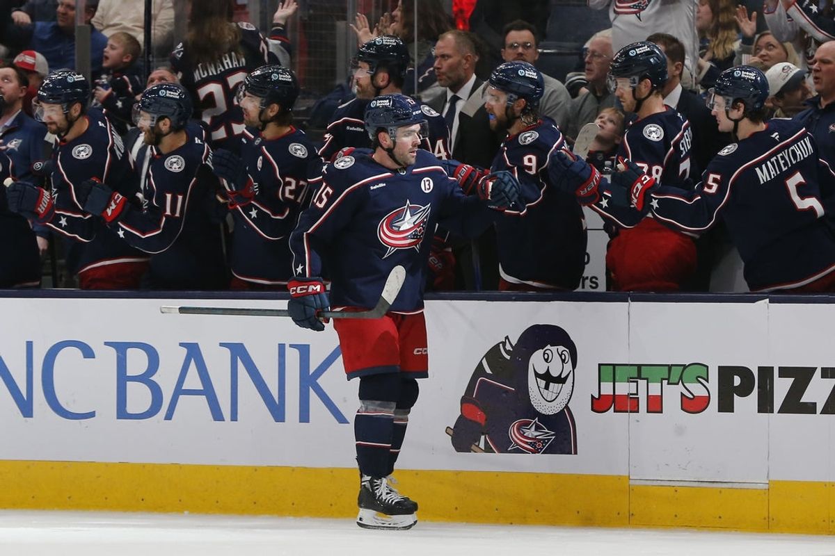 Mar 28, 2025; Columbus, Ohio, USA; Columbus Blue Jackets defenseman Dante Fabbro (15) celebrates his goal against the Vancouver Canucks during the second period at Nationwide Arena. Mandatory Credit: Russell LaBounty-Imagn Images