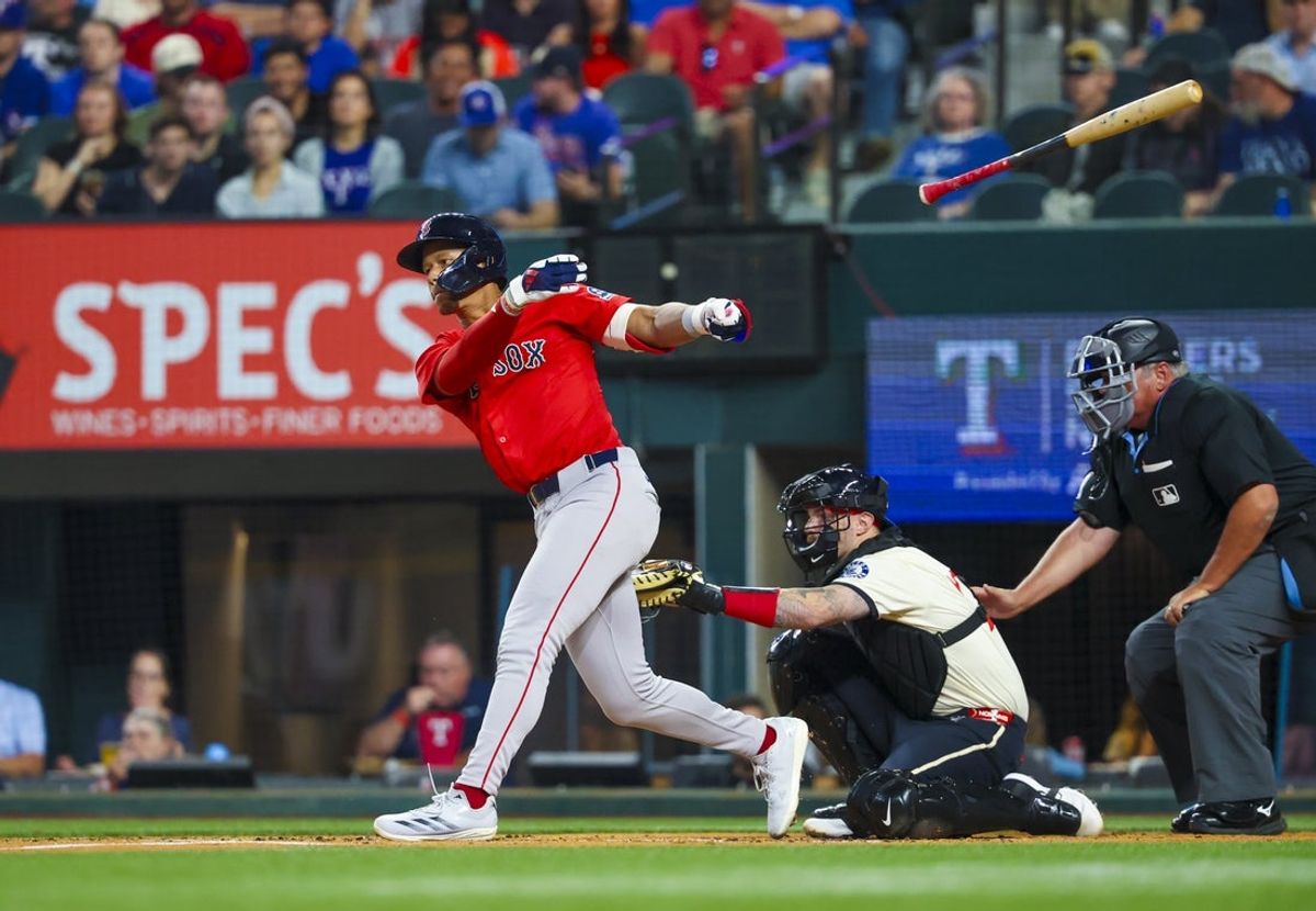 Mar 28, 2025; Arlington, Texas, USA;  Boston Red Sox second baseman Kristian Campbell (28) loses his bat during the second inning against the Texas Rangers at Globe Life Field. Mandatory Credit: Kevin Jairaj-Imagn Images