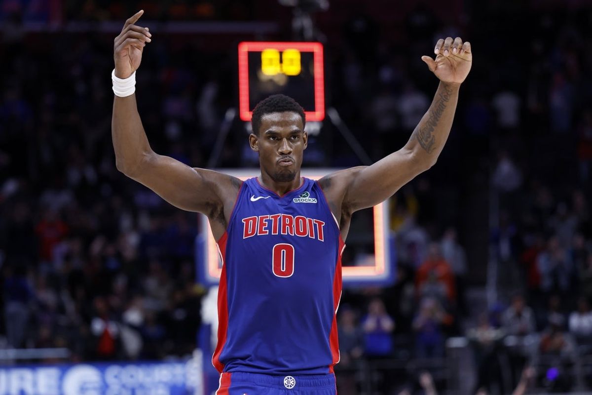 Mar 28, 2025; Detroit, Michigan, USA;  Detroit Pistons center Jalen Duren (0) celebrates after the game against the Cleveland Cavaliers at Little Caesars Arena. Mandatory Credit: Rick Osentoski-Imagn Images