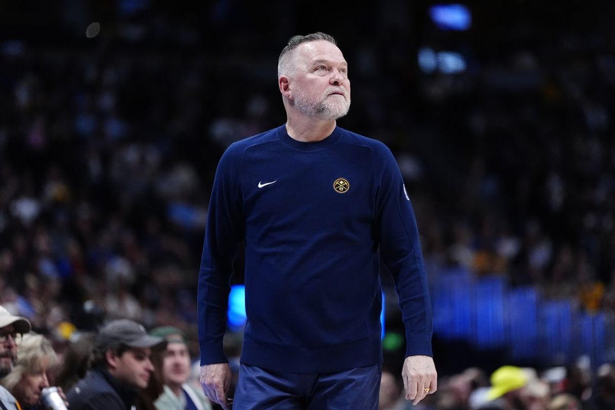 Mar 28, 2025; Denver, Colorado, USA; Denver Nuggets head coach Michael Malone during the second quarter against the Utah Jazz at Ball Arena. Mandatory Credit: Ron Chenoy-Imagn Images