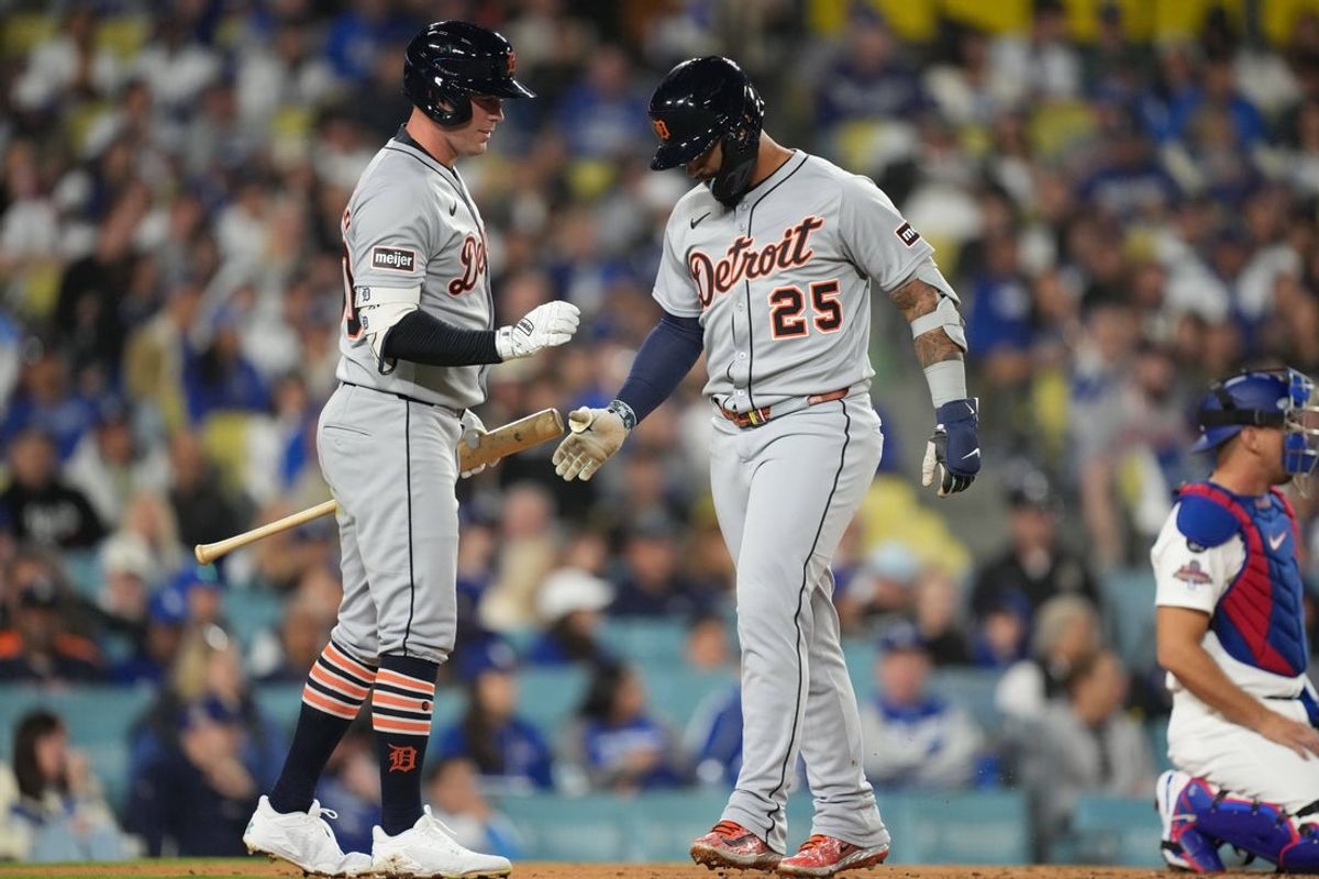 Mar 28, 2025; Los Angeles, California, USA;   Detroit Tigers second baseman Gleyber Torres (25) celebrates his homerun during the third inning against the Los Angeles Dodgers at Dodger Stadium. Mandatory Credit: Kirby Lee-Imagn Images