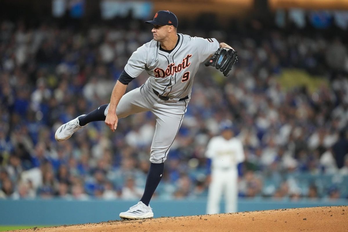 Mar 28, 2025; Los Angeles, California, USA;   Detroit Tigers pitcher Jack Flaherty (9) pitches during the third inning against the Los Angeles Dodgers at Dodger Stadium. Mandatory Credit: Kirby Lee-Imagn Images