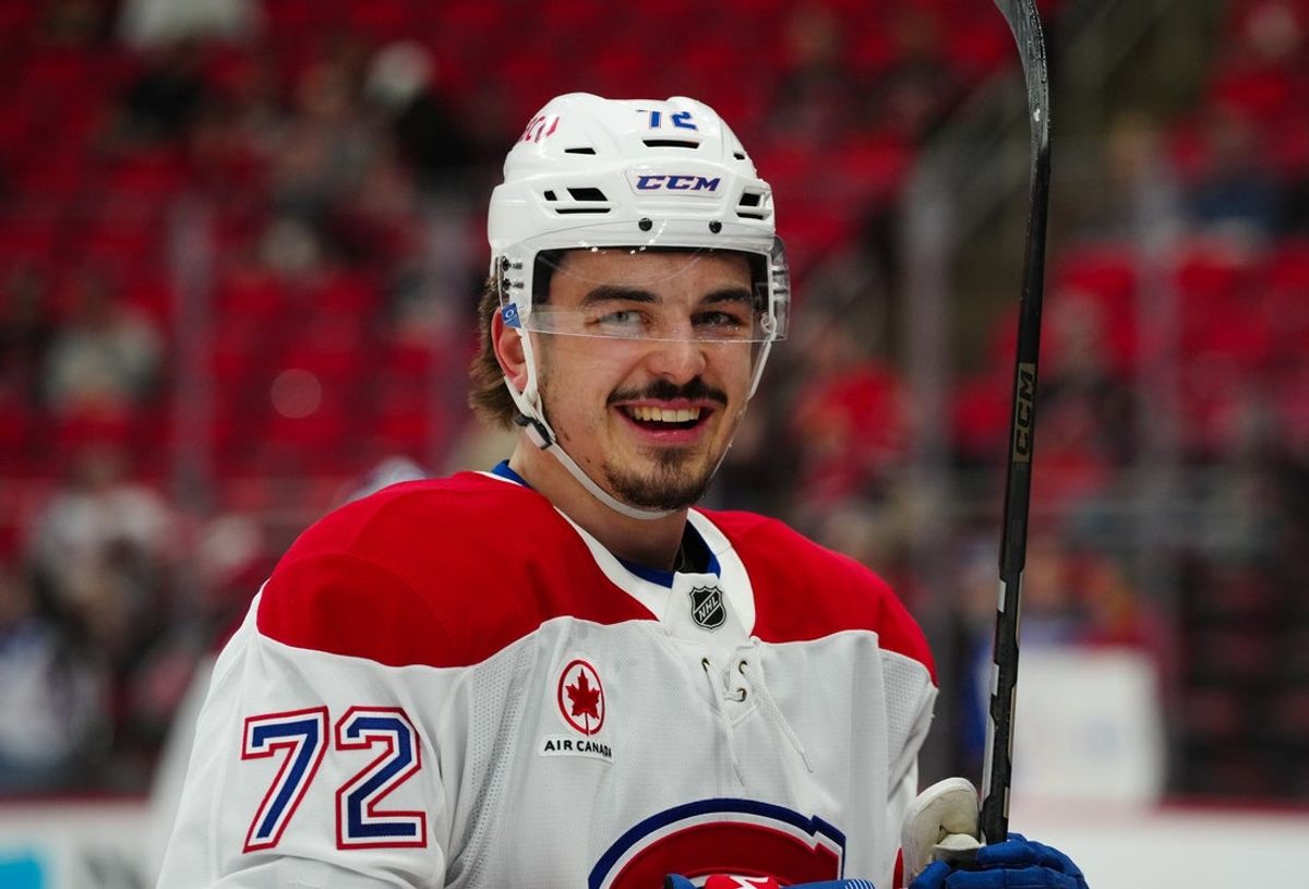 Mar 28, 2025; Raleigh, North Carolina, USA;  Montreal Canadiens defenseman Arber Xhekaj (72) reacts during the warmups before the game against the Carolina Hurricanes at Lenovo Center. Mandatory Credit: James Guillory-Imagn Images
