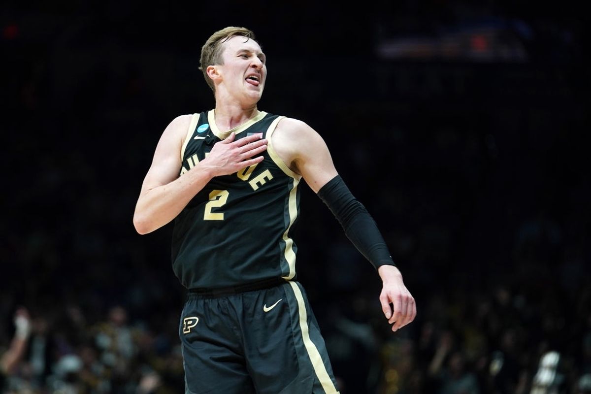 Mar 28, 2025; Indianapolis, IN, USA; Purdue Boilermakers guard Fletcher Loyer (2) reacts against the Houston Cougars in the first half during a Midwest Regional semifinal of the 2025 NCAA tournament at Lucas Oil Stadium. Mandatory Credit: Robert Goddin-Imagn Images