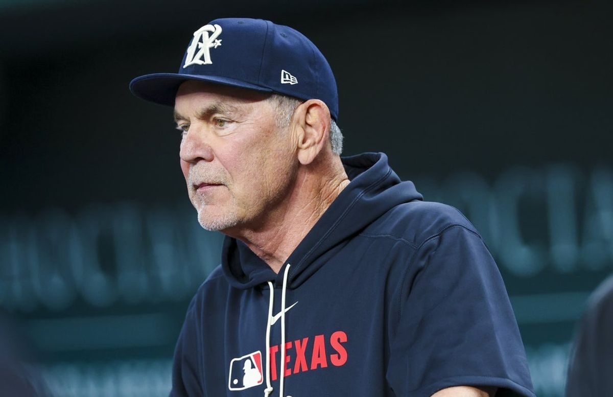 Mar 28, 2025; Arlington, Texas, USA;  Texas Rangers manager Bruce Bochy (15) looks on before the game against the Boston Red Sox at Globe Life Field. Mandatory Credit: Kevin Jairaj-Imagn Images