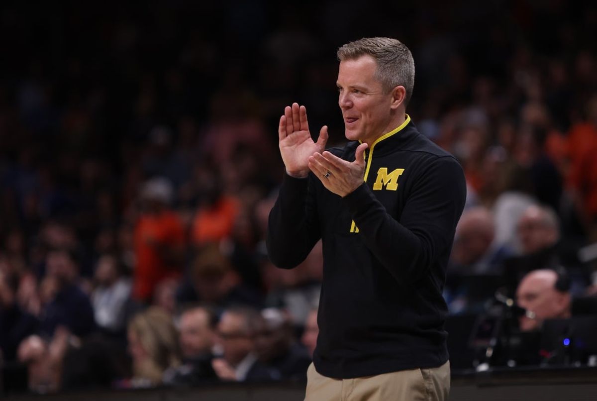 Mar 28, 2025; Atlanta, GA, USA; Michigan Wolverines head coach Dusty May in the second half of a South Regional semifinal of the 2025 NCAA tournament against the Auburn Tigers at State Farm Arena. Mandatory Credit: Brett Davis-Imagn Images