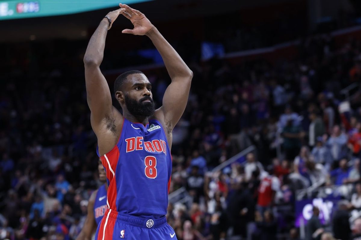 Mar 28, 2025; Detroit, Michigan, USA;  Detroit Pistons forward Tim Hardaway Jr. (8) celebrates in the second half against the Cleveland Cavaliers at Little Caesars Arena. Mandatory Credit: Rick Osentoski-Imagn Images