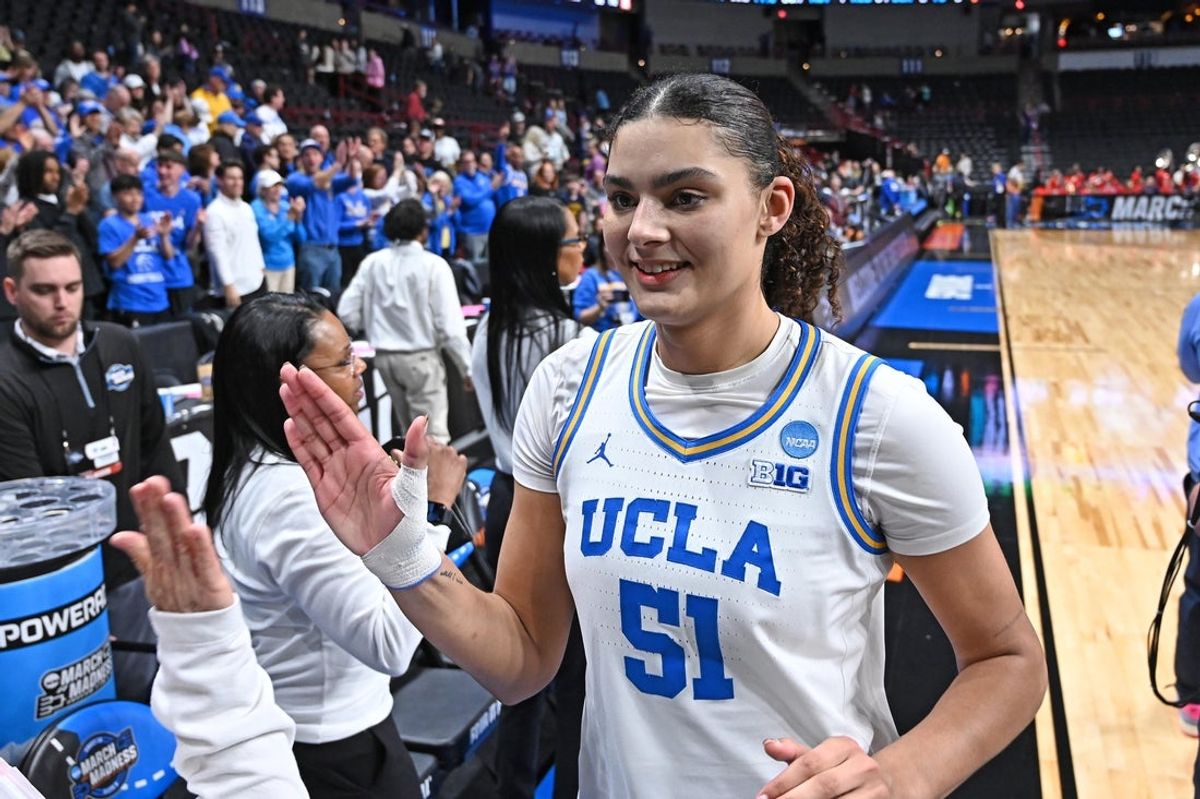 Mar 28, 2025; Spokane, WA, USA; UCLA Bruins center Lauren Betts (51) walks off the court during a Sweet 16 NCAA Tournament basketball game against the Ole Miss Rebels at Spokane Arena. at Spokane Arena. Mandatory Credit: James Snook-Imagn Images
