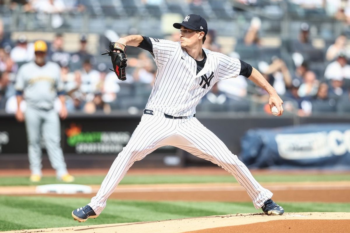 Mar 29, 2025; Bronx, New York, USA; New York Yankees starting pitcher Max Fried (54) pitches in the first inning against the Milwaukee Brewers at Yankee Stadium. Mandatory Credit: Wendell Cruz-Imagn Images