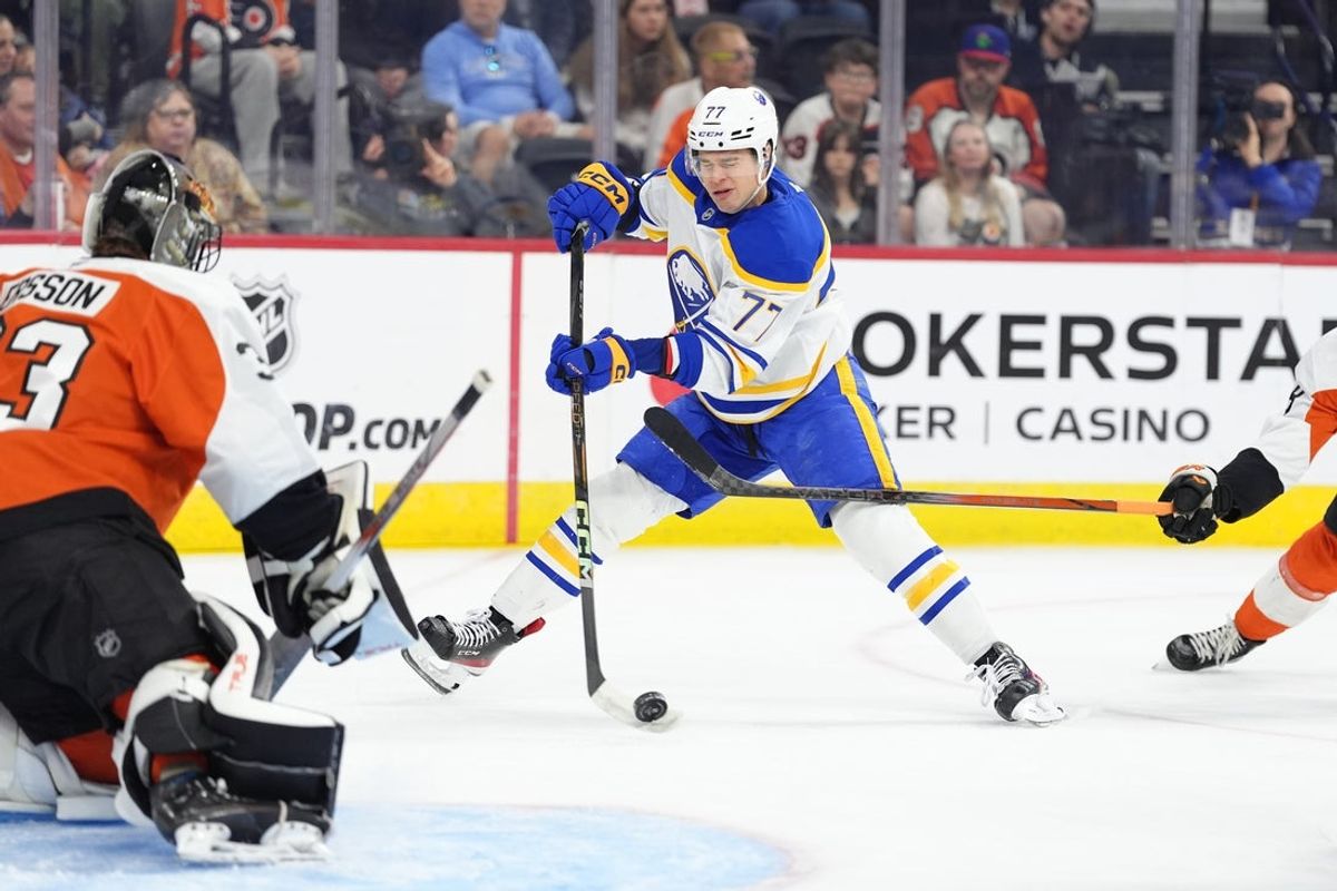 Mar 29, 2025; Philadelphia, Pennsylvania, USA; Buffalo Sabres right wing JJ Peterka (77) reacts as he attempts to shoot against the Philadelphia Flyers in the first period at Wells Fargo Center. Mandatory Credit: Kyle Ross-Imagn Images