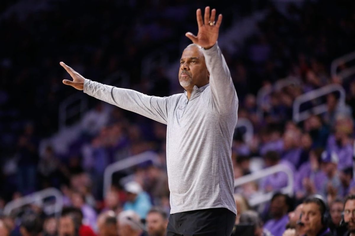 Kansas State coach Jerome Tang calls out plays during the second half of Tuesday's game against Oral Roberts inside Bramlage Coliseum.