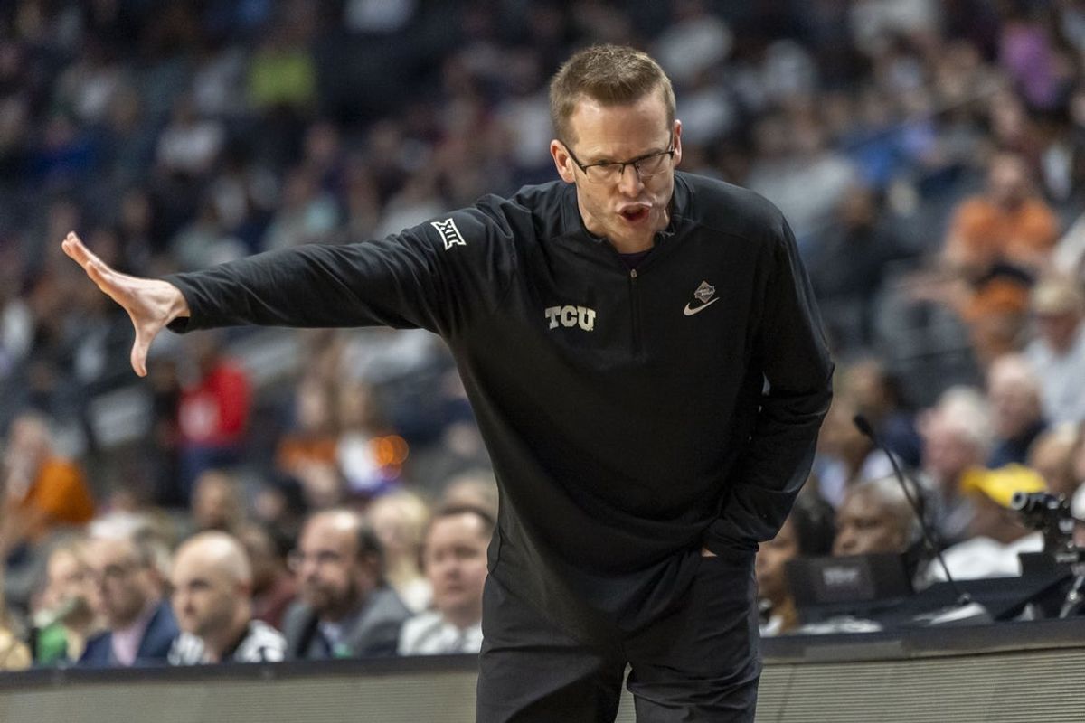 Mar 29, 2025; Birmingham, AL, USA; TCU Horned Frogs head coach Mark Campbell works with his team during the first half of a Sweet 16 NCAA Tournament basketball game against the Notre Dame Fighting Irish at Legacy Arena. Mandatory Credit: Vasha Hunt-Imagn Images
