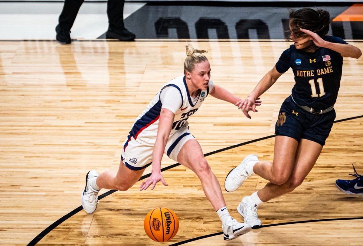 TCU Horned Frogs guard Hailey Van Lith (10) looks to get around defense from Notre Dame Fighting Irish guard Sonia Citron (11) during the first half of the Horned Frogs' NCAA Playoff Regional semi-final game at Legacy Arena in Birmingham Alabama, March 29, 2025.