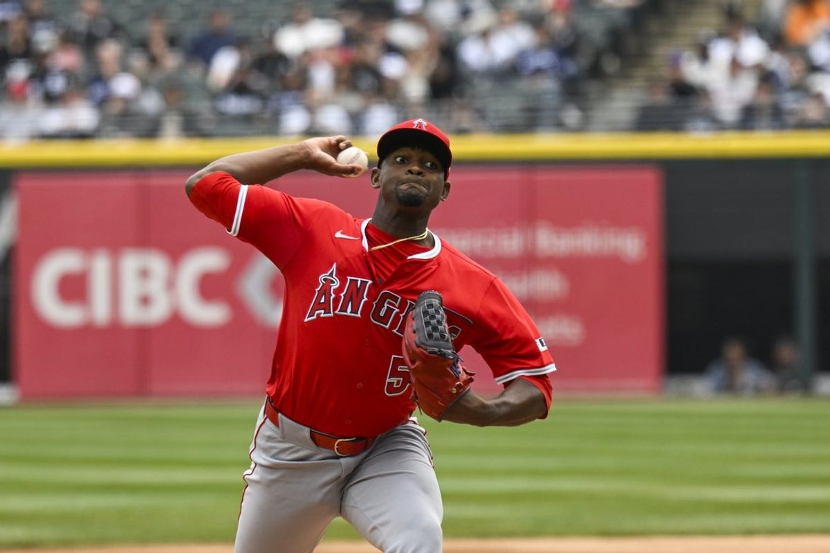 Mar 29, 2025; Chicago, Illinois, USA; Los Angeles Angels pitcher José Soriano (59) pitchers against there Chicago White Sox during the first inning at Guaranteed Rate Field. Mandatory Credit: Matt Marton-Imagn Images