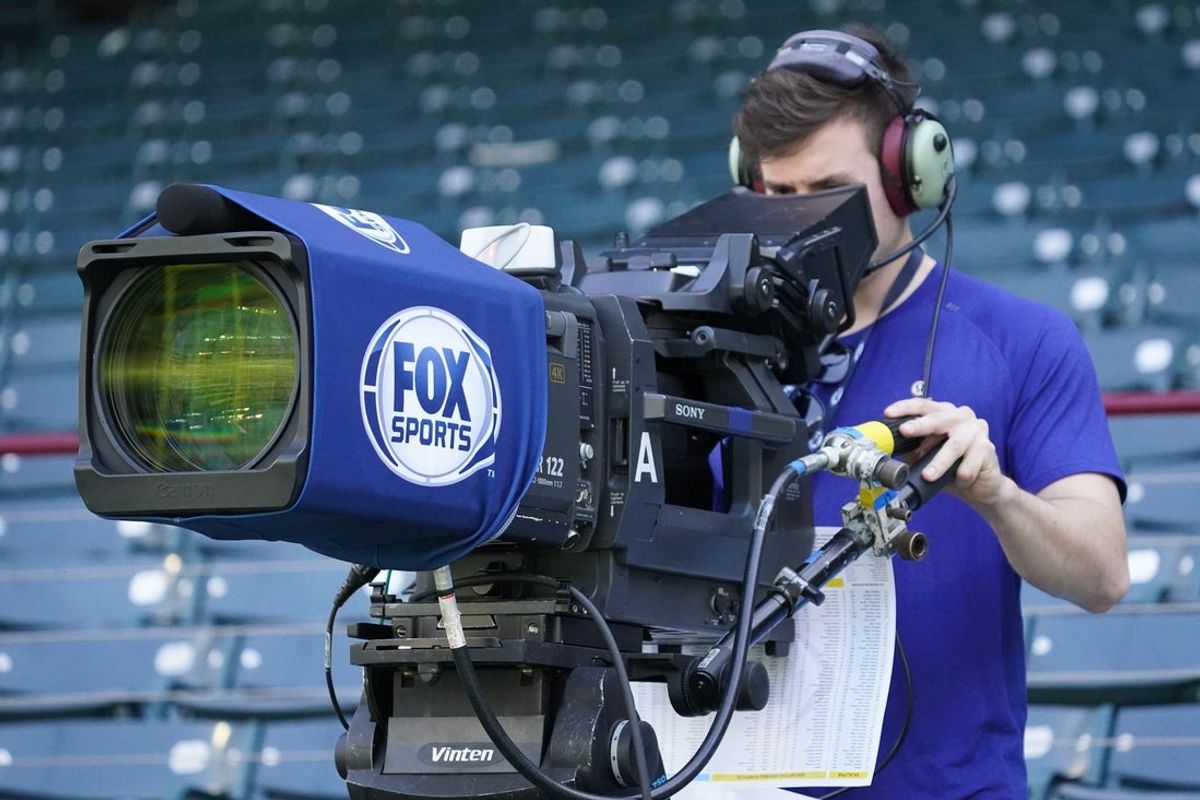 Mar 29, 2025; Arlington, TX, USA; A Fox Sports TV camera on the sidelines during an UFL game between the Arlington Renegades and the San Antonio Brahmas at Choctaw Stadium. Mandatory Credit: Raymond Carlin III-Imagn Images