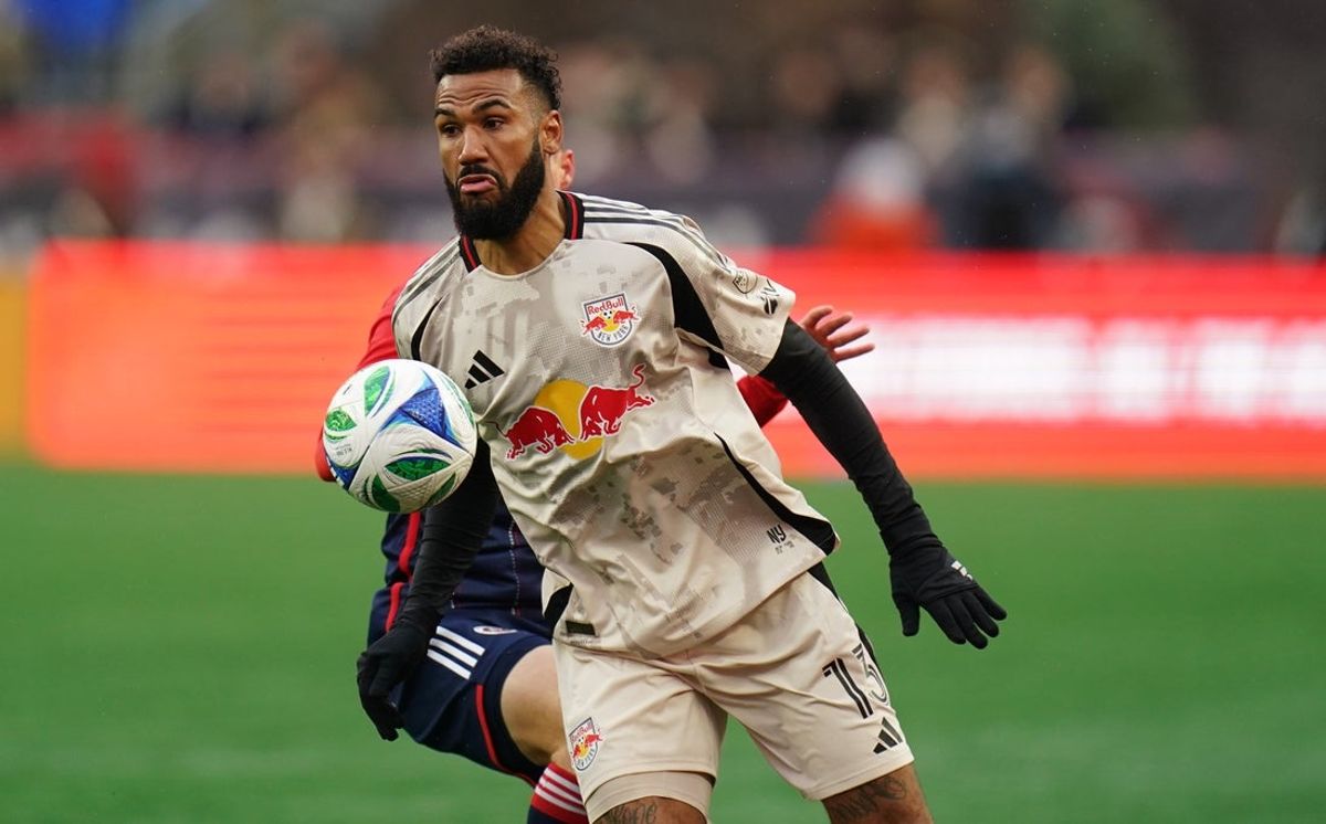 Mar 29, 2025; Foxborough, Massachusetts, USA; New York Red Bulls forward Eric Maxim Choupo-Moting (13) moves the ball against the New England Revolution in the first half at Gillette Stadium. Mandatory Credit: David Butler II-Imagn Images