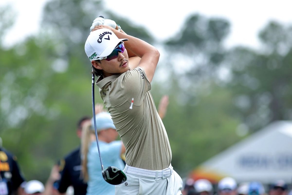 Mar 29, 2025; Houston, Texas, USA; Min Woo Lee of Australia hits a tee shot at the 10th hole during the third round of the Texas Children's Houston Open golf tournament. Mandatory Credit: Erik Williams-Imagn Images