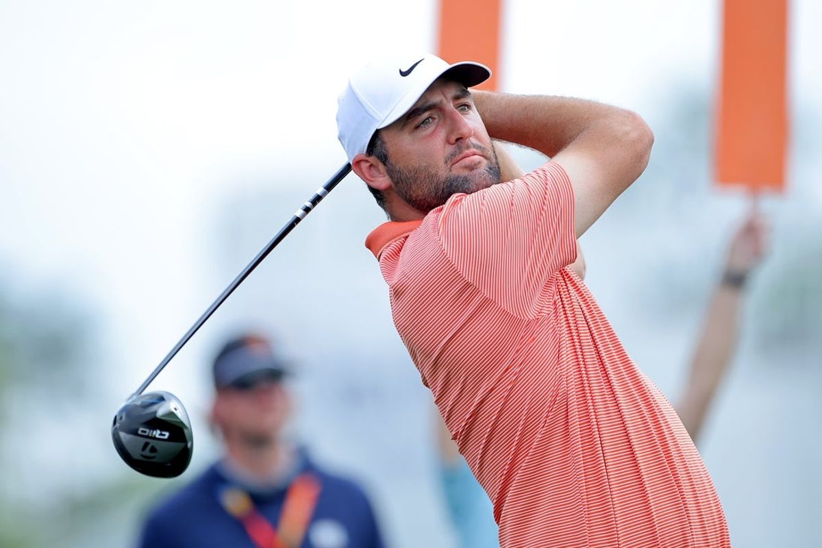 Mar 29, 2025; Houston, Texas, USA; Scottie Scheffler hits a tee shot at the 10th hole during the third round of the Texas Children's Houston Open golf tournament. Mandatory Credit: Erik Williams-Imagn Images