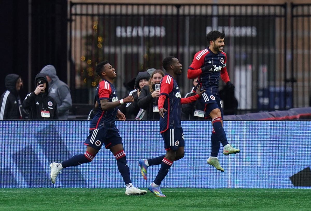 Mar 29, 2025; Foxborough, Massachusetts, USA; New England Revolution midfielder Carles Gil (10) reacts after scoring on a penalty kick against the New York Red Bulls in the second half at Gillette Stadium. Mandatory Credit: David Butler II-Imagn Images