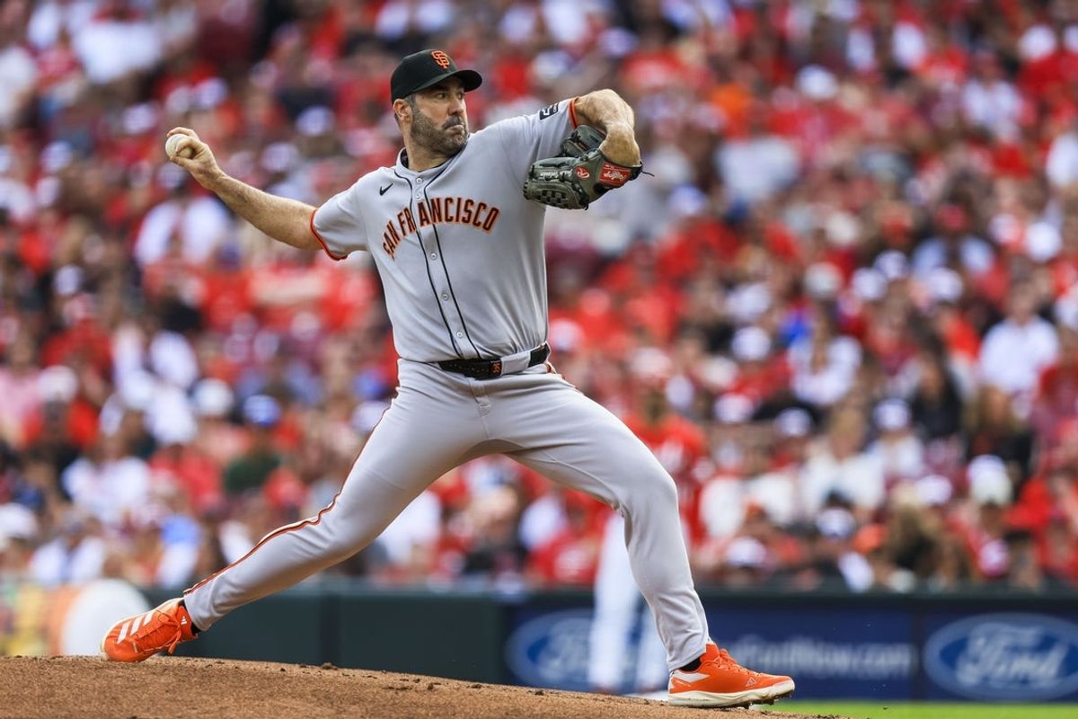 Mar 29, 2025; Cincinnati, Ohio, USA; San Francisco Giants starting pitcher Justin Verlander (35) pitches against the Cincinnati Reds in the first inning at Great American Ball Park. Mandatory Credit: Katie Stratman-Imagn Images
