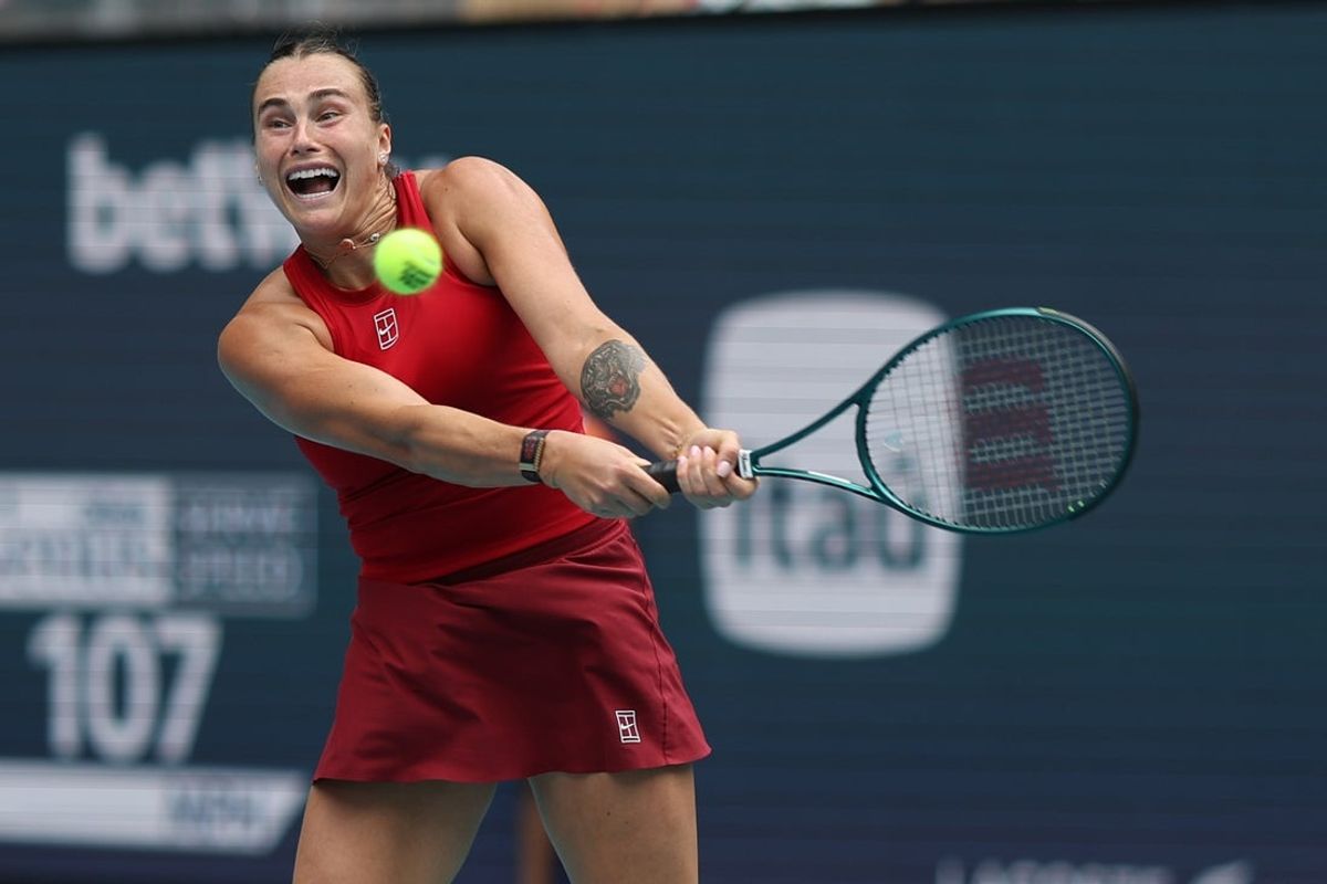 Mar 29, 2025; Miami, FL, USA; Aryna Sabalenka hits a backhand against Jessica Pegula (USA)(not pictured) in the women's singles championship of the Miami Open at Hard Rock Stadium. Mandatory Credit: Geoff Burke-Imagn Images